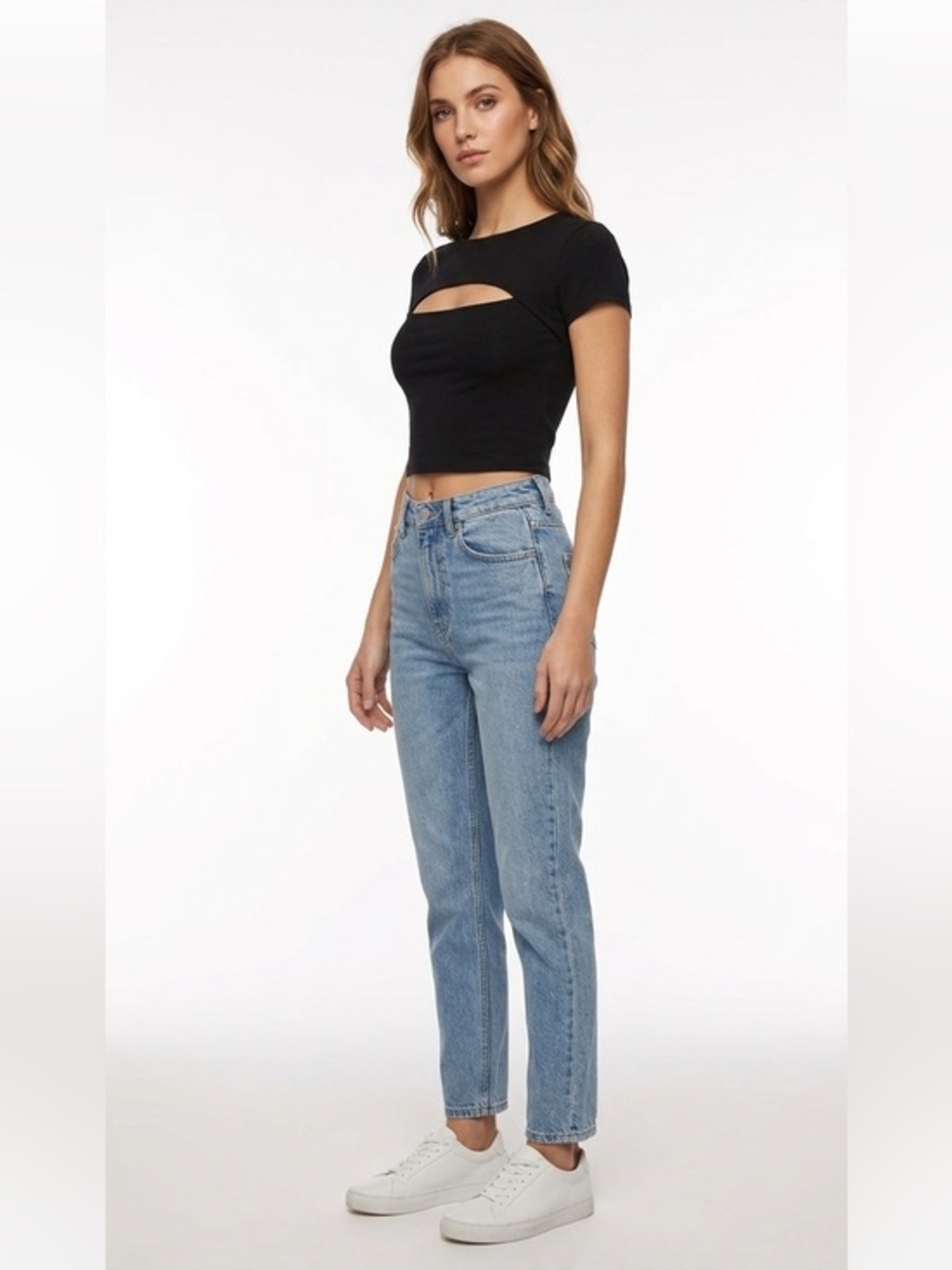 Black Stretchy Cut Out Front Cropped T-Shirt